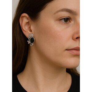 VTG Star-Art Sterling Silver Black Onyx Earrings Screw-Back Mid Century Modern